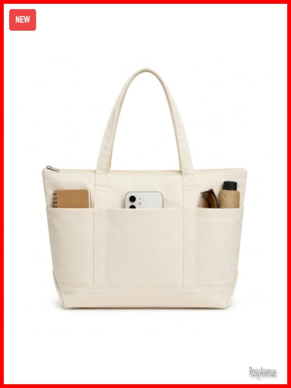 Heavy Duty Canvas Tote Bag with Zipper 3 Front Pockets Work Travel